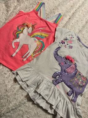 Bundle, pink Unicorn Tank/Light Gray Elephant Ruffle shirt size 7-8yrs/like new